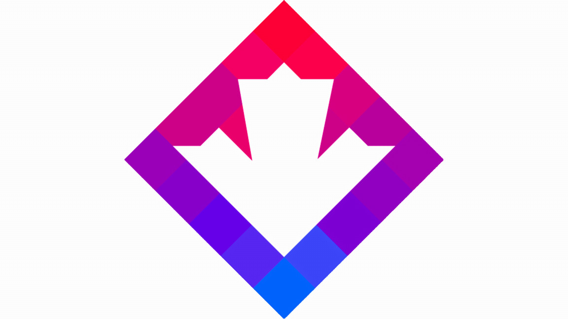 The ClimateData.ca logo, diamond-shaped with a red to blue colour gradient, and a white shape in the middle that combines a down arrow and a maple leaf.