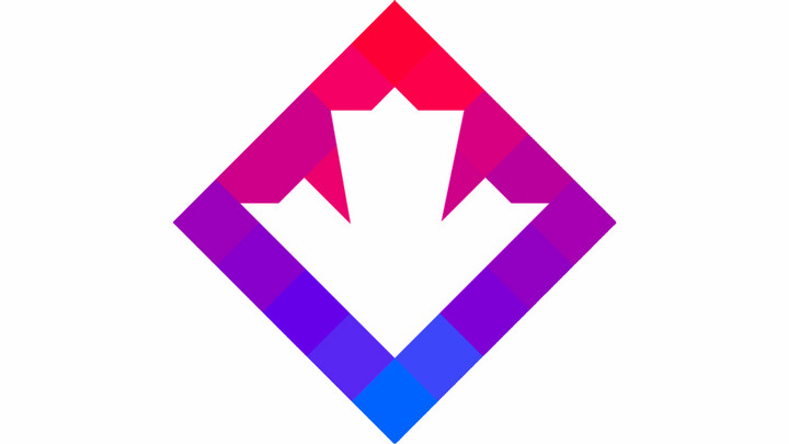The ClimateData.ca logo, diamond-shaped with a red to blue colour gradient, and a white shape in the middle that combines a down arrow and a maple leaf.