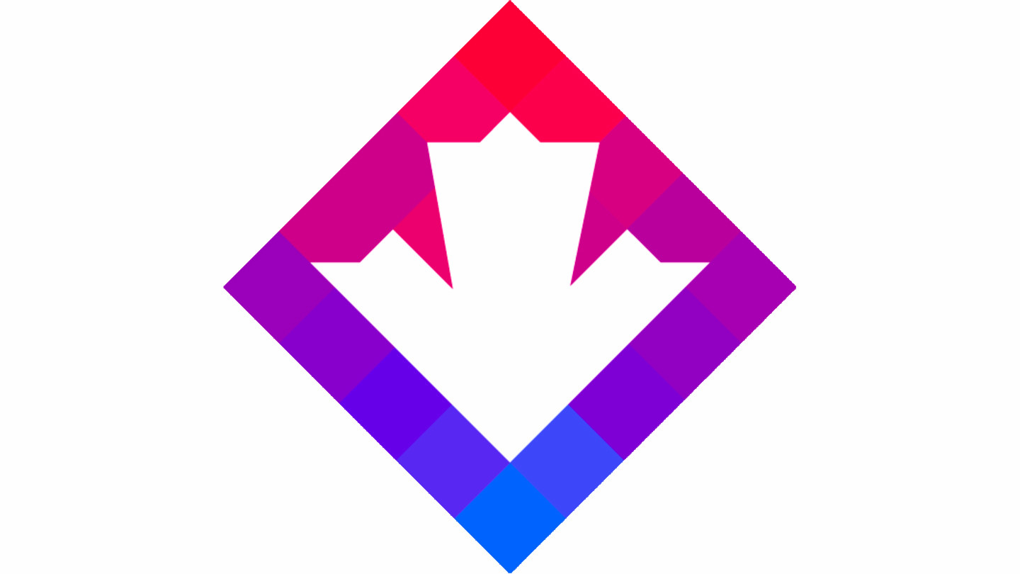 The ClimateData.ca logo, diamond-shaped with a red to blue colour gradient, and a white shape in the middle that combines a down arrow and a maple leaf.